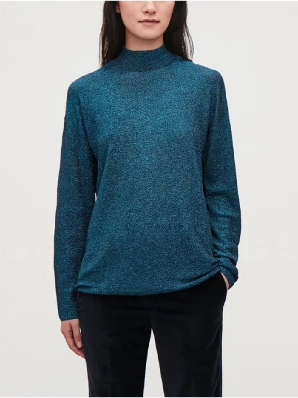 COS Teal Shimmer Mock-Neck Long Sleeve Top